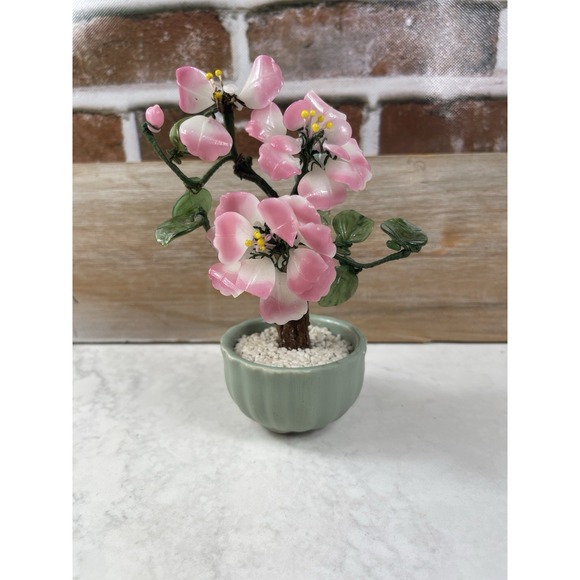 Other - Vintage Chinese Glass Bonsai Tree Celadon Jade Color Pot Agate Quartz Flowers 6"